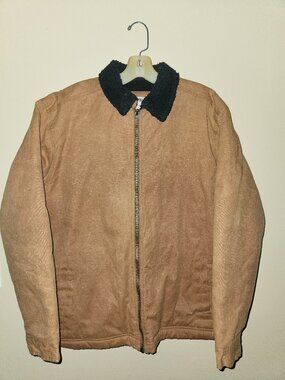 Line of Trade Men XL Canvas Trucker Jacket Brown Sherpa Lined Workwear Coat Zip